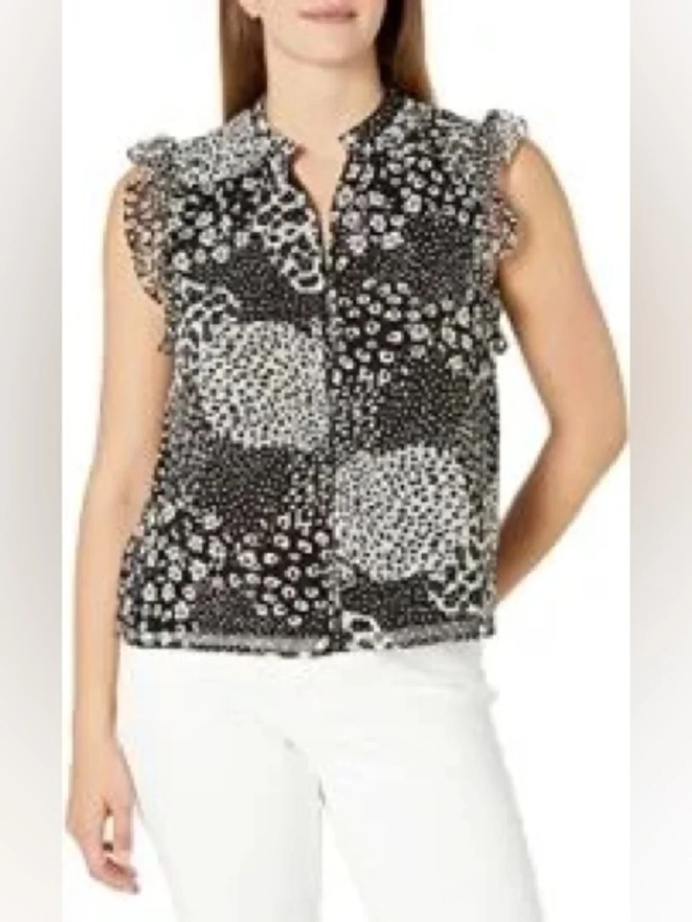 BB Dakota Mixed Reviews Ruffle Sleeve Blouse Black & White Floral Leopard XS